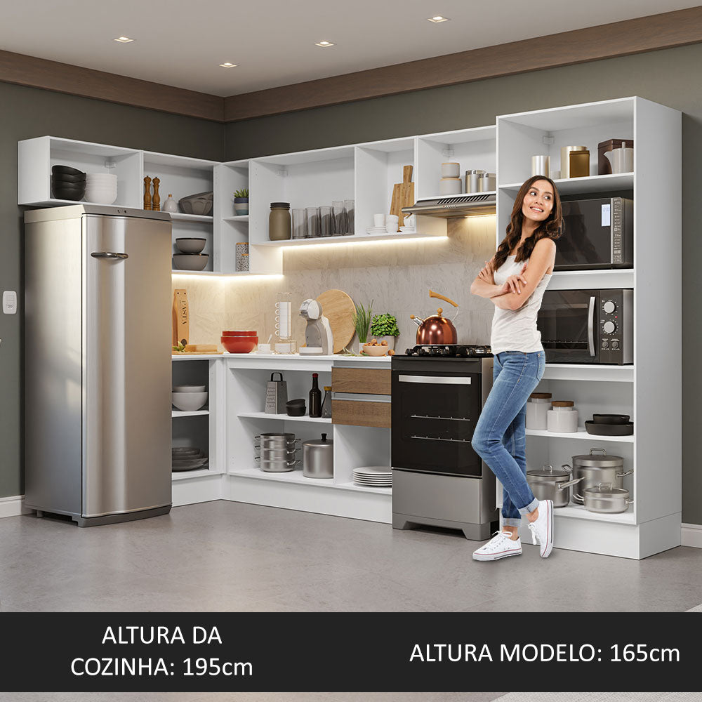 Armário de Cozinha Completa de Canto 100% MDF 447cm Branco/Rustic/Crema Smart Madesa 01