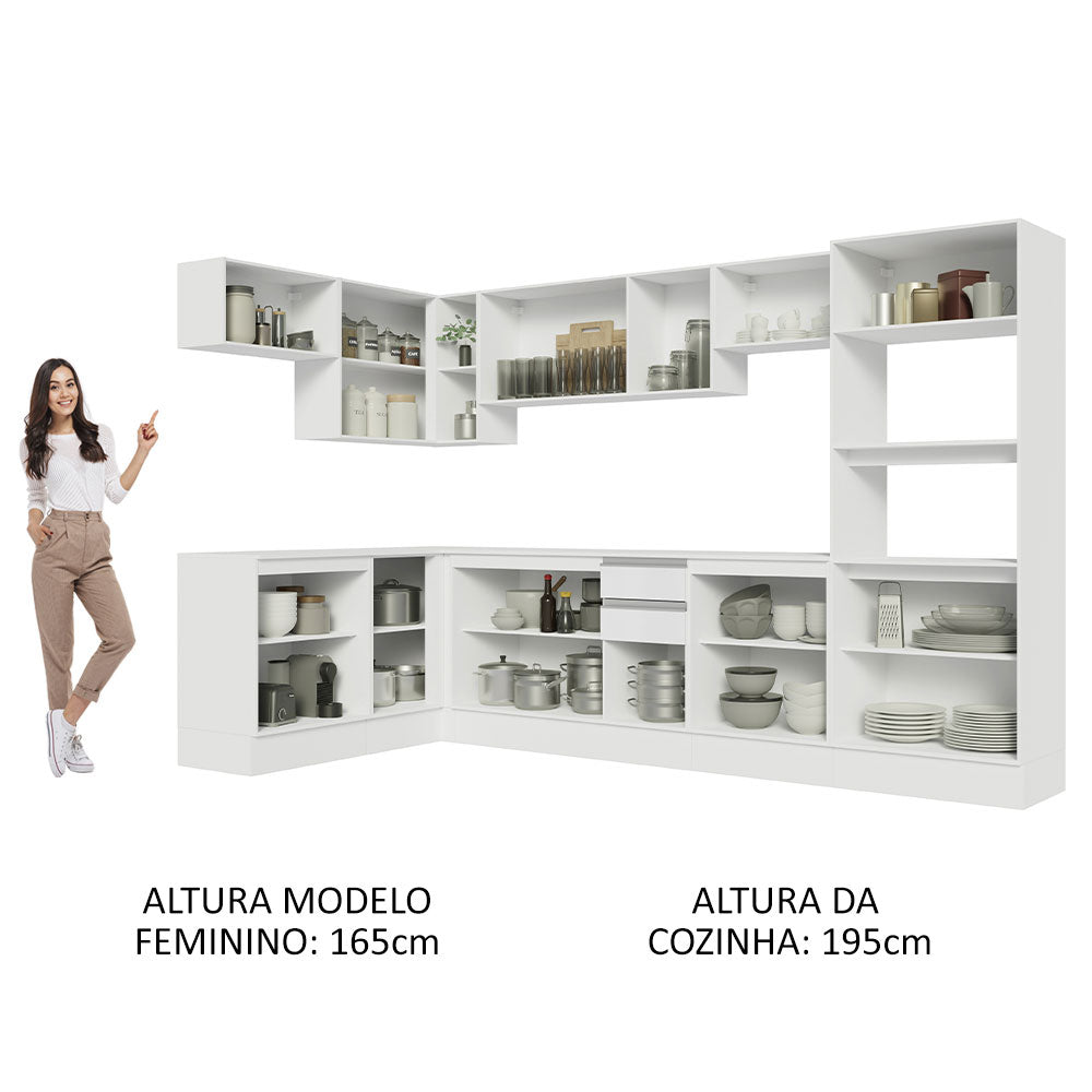 Armário de Cozinha Completa de Canto 100% MDF 447cm Frentes Branco Smart Madesa 02