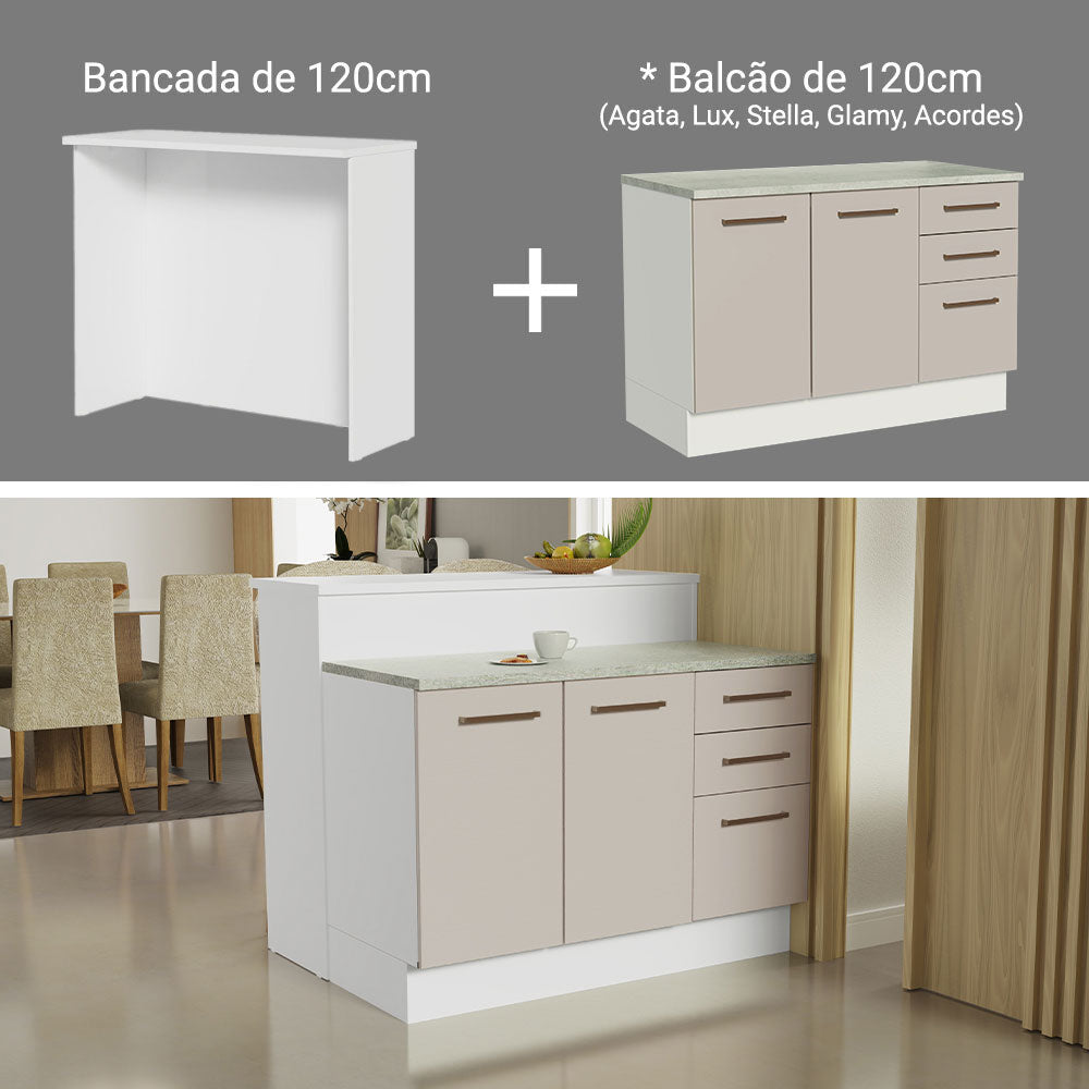 Ilha de Cozinha com Bancada e Balcão 120 cm Branco/Crema Agata Madesa