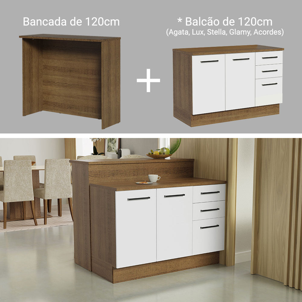 Ilha de Cozinha com Bancada e Balcão 120 cm Rustic/Branco Agata Madesa