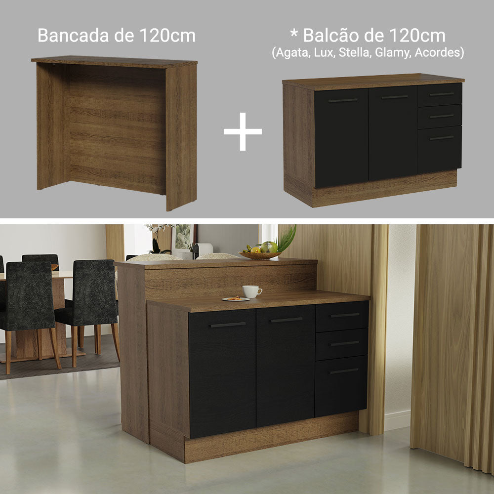 Ilha de Cozinha com Bancada e Balcão 120 cm Rustic/Preto Agata Madesa