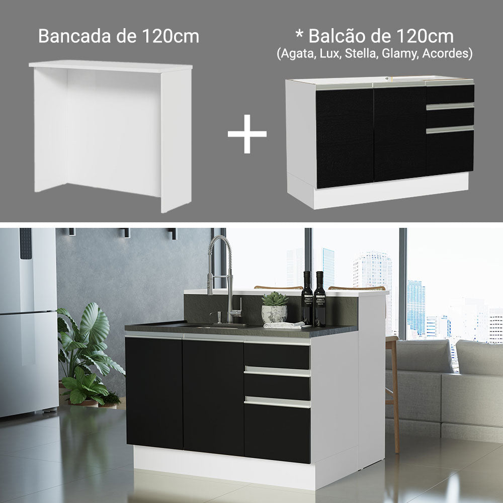 Ilha de Cozinha com Bancada e Balcão 120 cm Branco/Preto Glamy Madesa