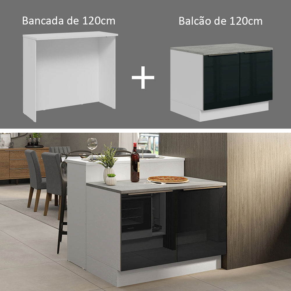 Ilha de Cozinha com Bancada e Balcão 120 cm Branco/Preto Lux Madesa