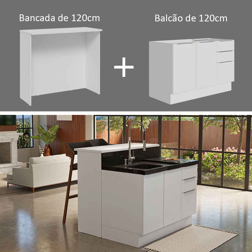 Ilha de Cozinha com Bancada e Balcão 120 cm Branco Stella Madesa
