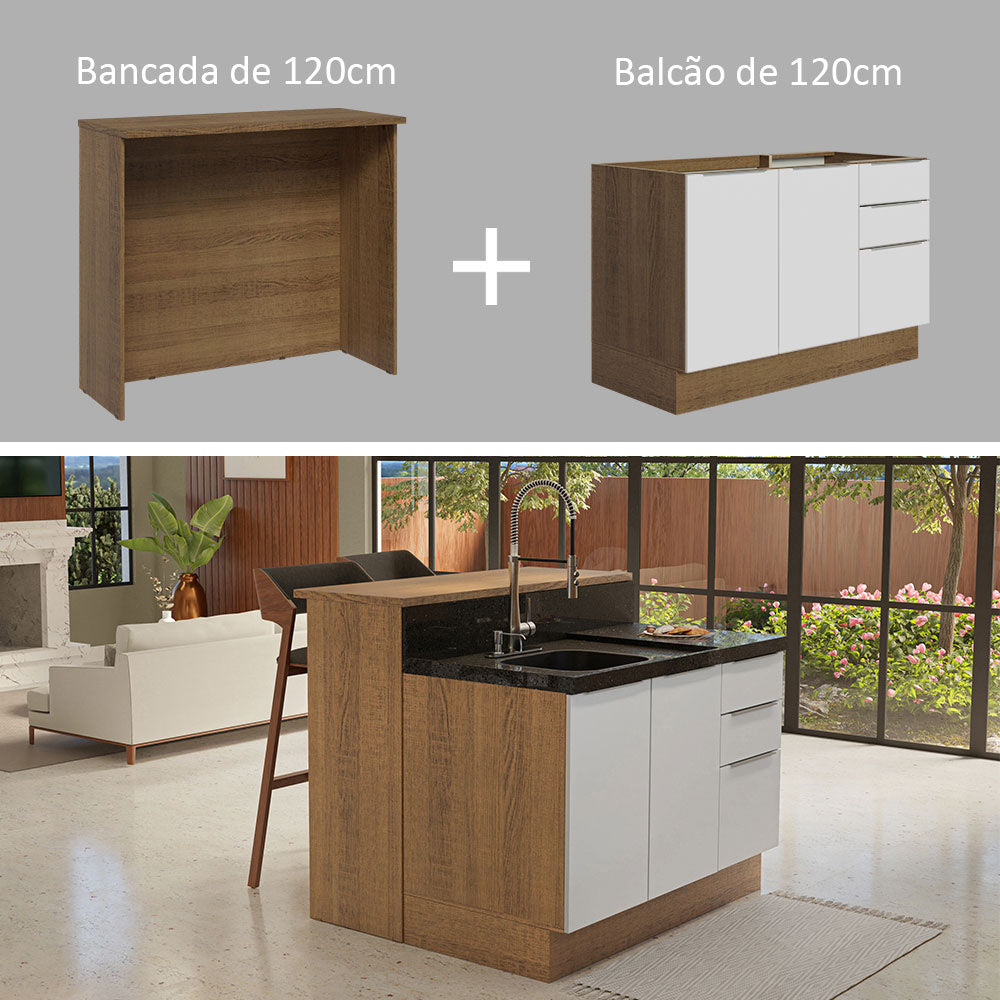 Ilha de Cozinha com Bancada e Balcão 120 cm Rustic/Branco Stella Madesa