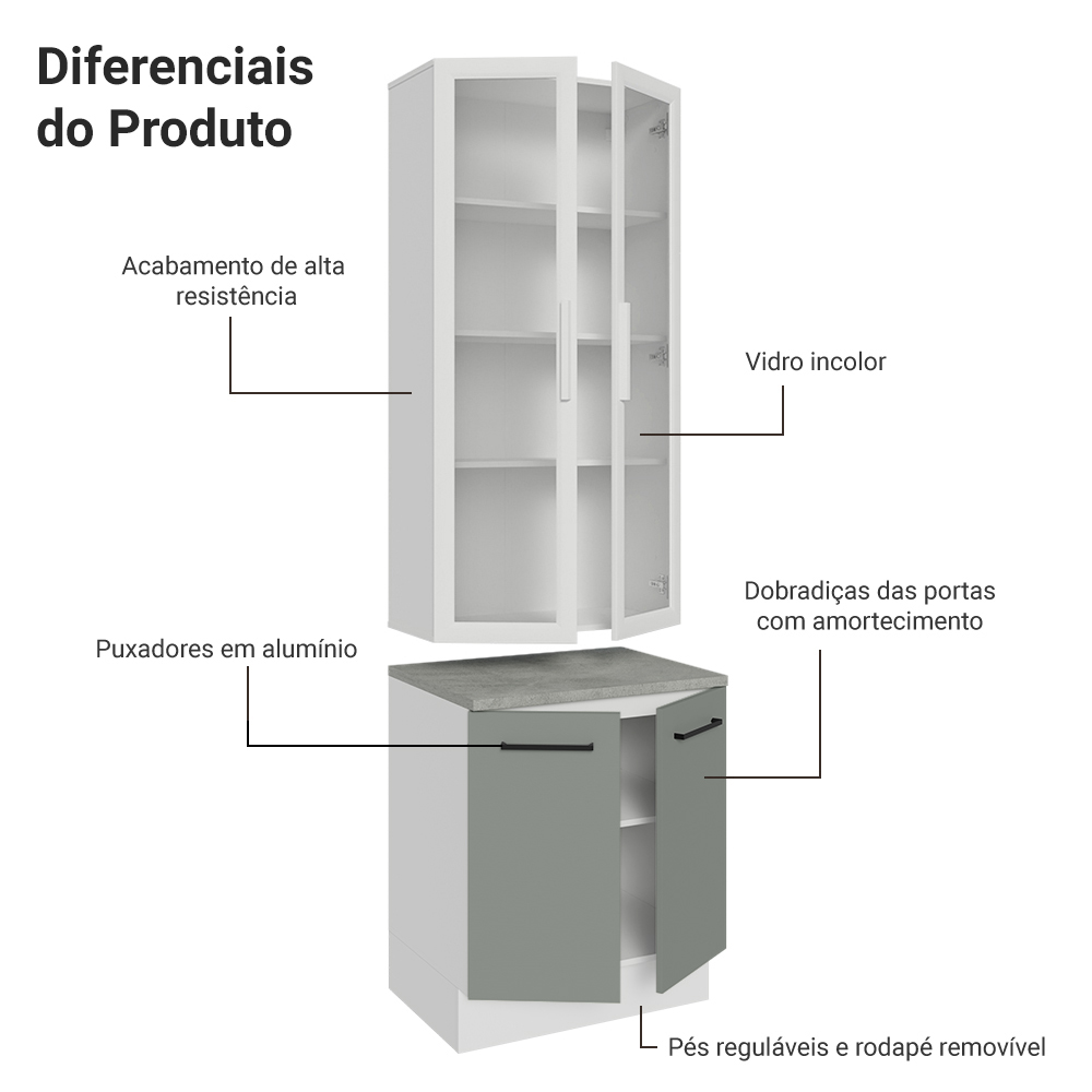 Kit Balcão + Cristaleira 70cm Branco/Cinza Agata Madesa 01