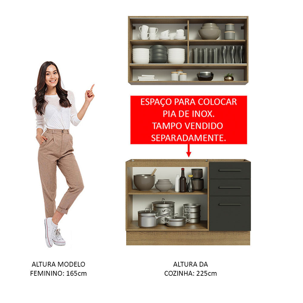 Armário de Cozinha Compacta 120cm Rustic/Preto Agata Madesa 02