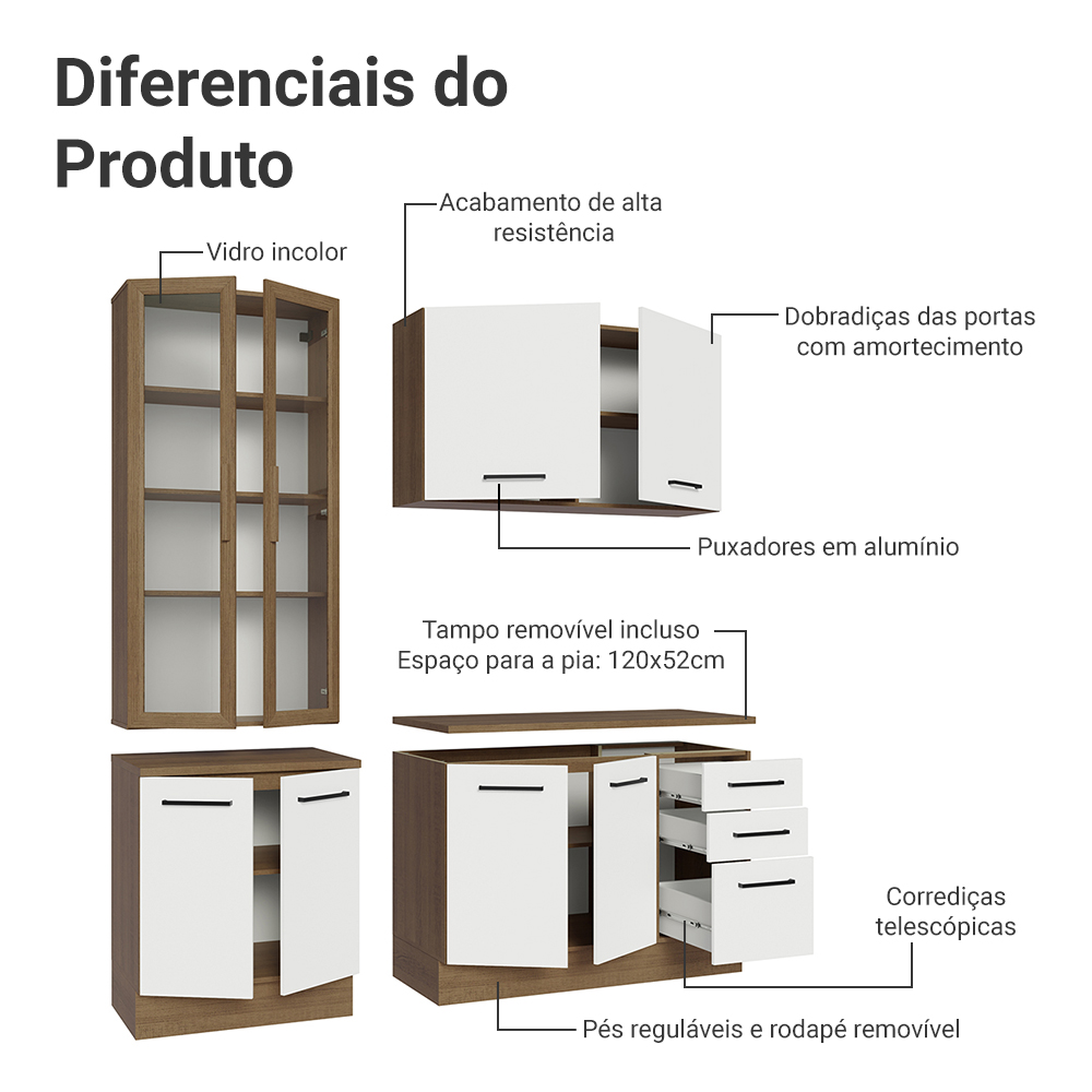 Armário de Cozinha Compacta 190cm com Cristaleira Rustic/Branco Agata Madesa 01