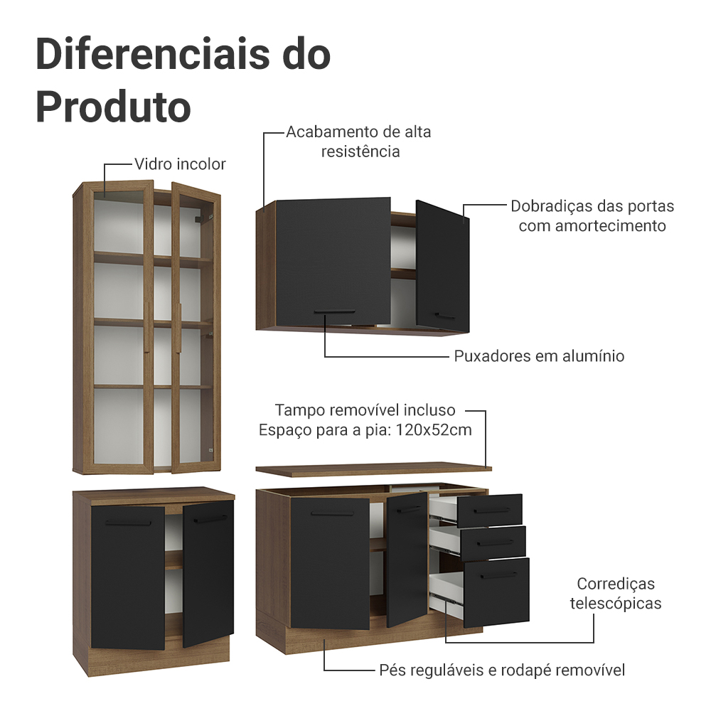 Armário de Cozinha Compacta 190cm com Cristaleira Rustic/Preto Agata Madesa 01