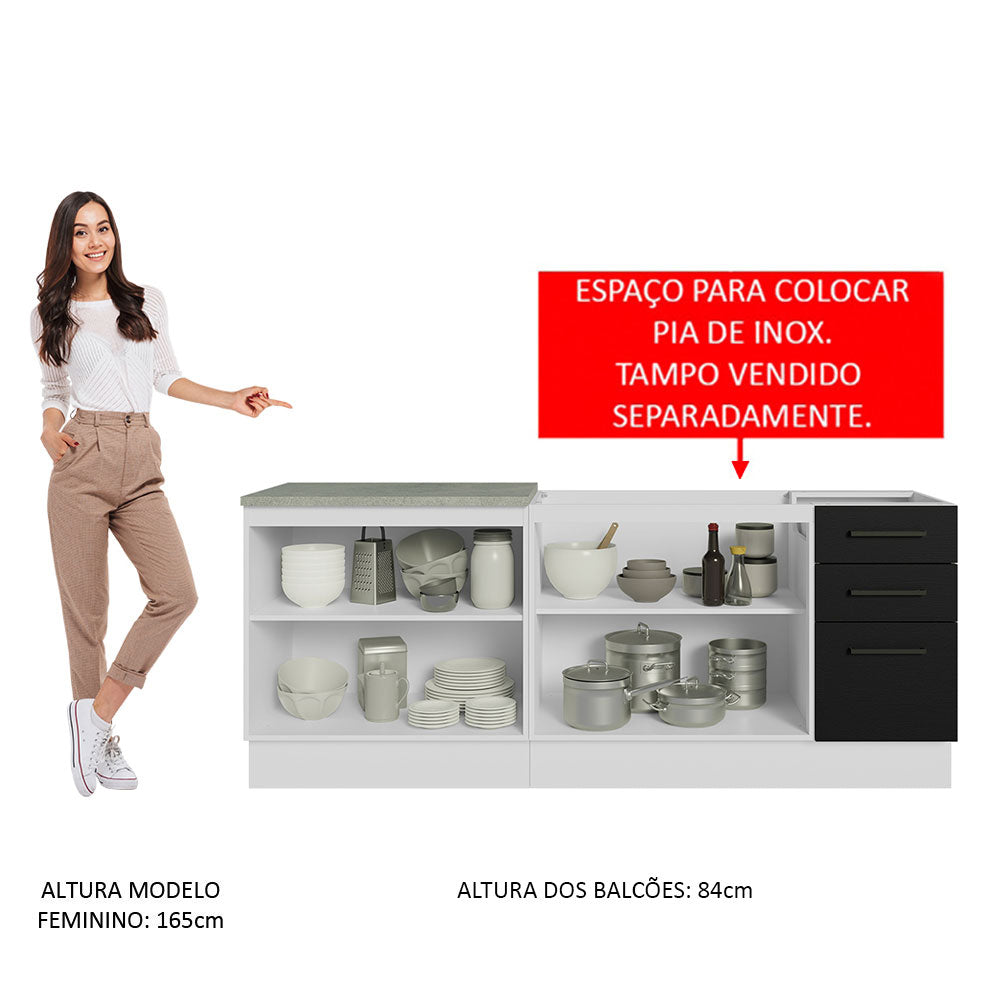 Kit com 2 Balcões de Cozinha Madesa Agata 3 Gavetas 4 Portas (Sem Tampo e Pia) Branco/Preto