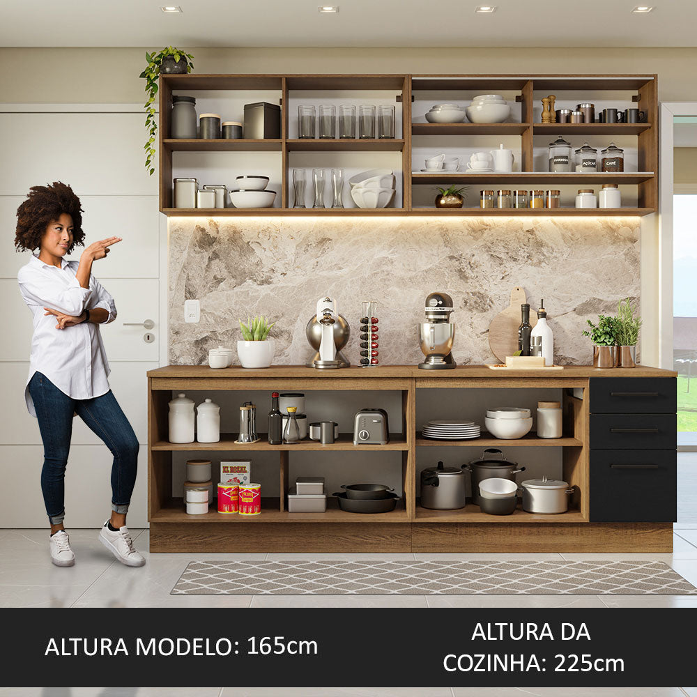 Armário de Cozinha Completa 240cm Rustic/Preto 60cm de Profundidade Agata Madesa 01