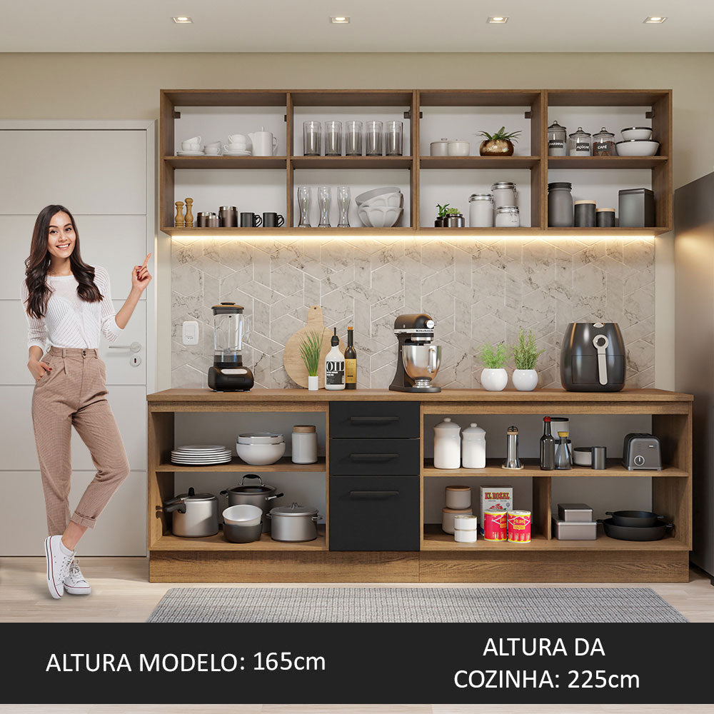Armário de Cozinha Completa 240cm Rustic/Preto 60cm de Profundidade Agata Madesa 02