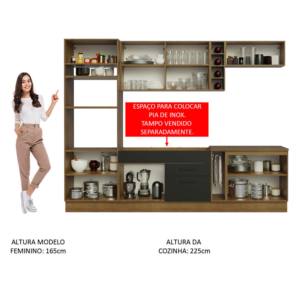 Armário de Cozinha Completa 290cm Rustic/Preto Agata Madesa 01