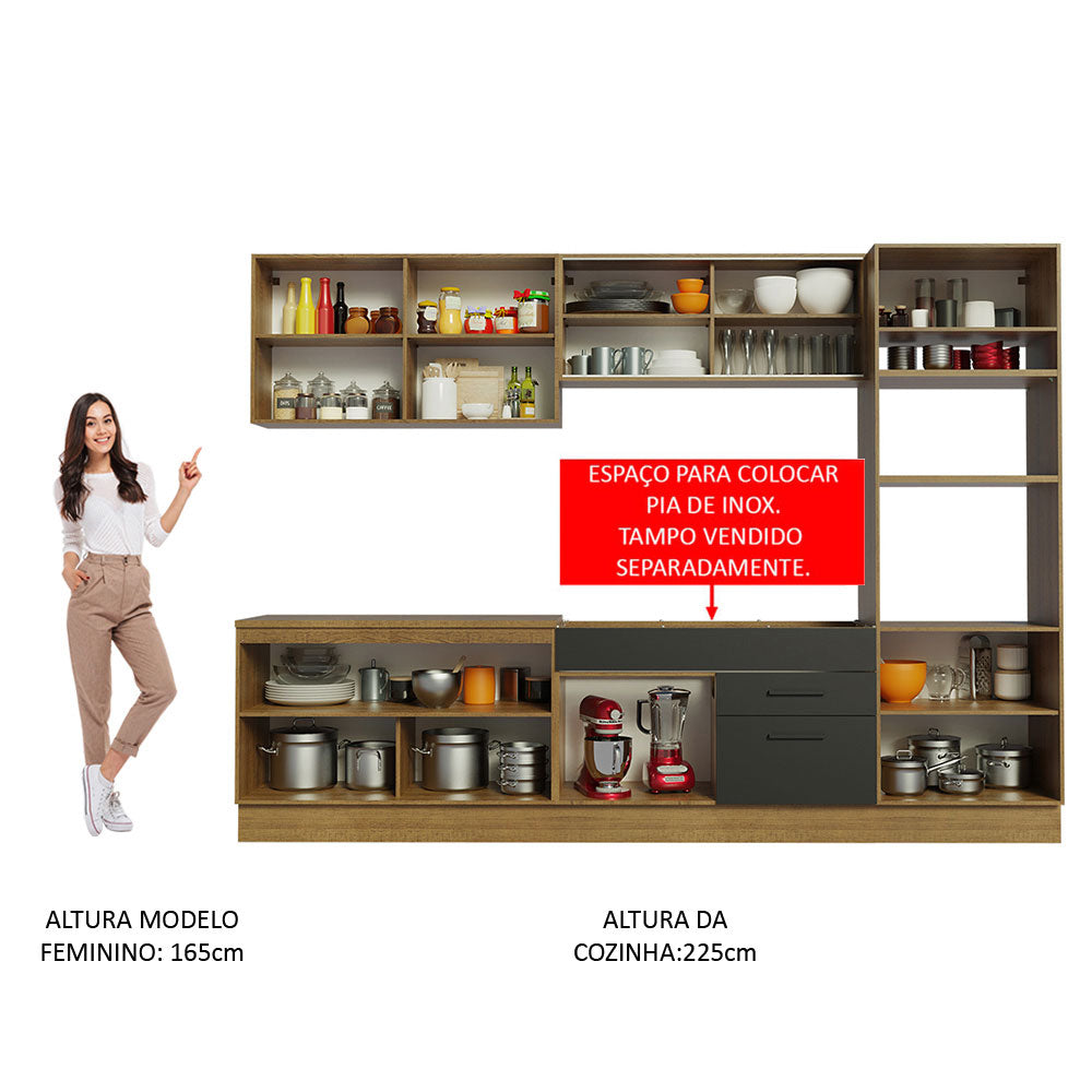 Armário de Cozinha Completa 310cm Rustic/Preto Agata Madesa 01