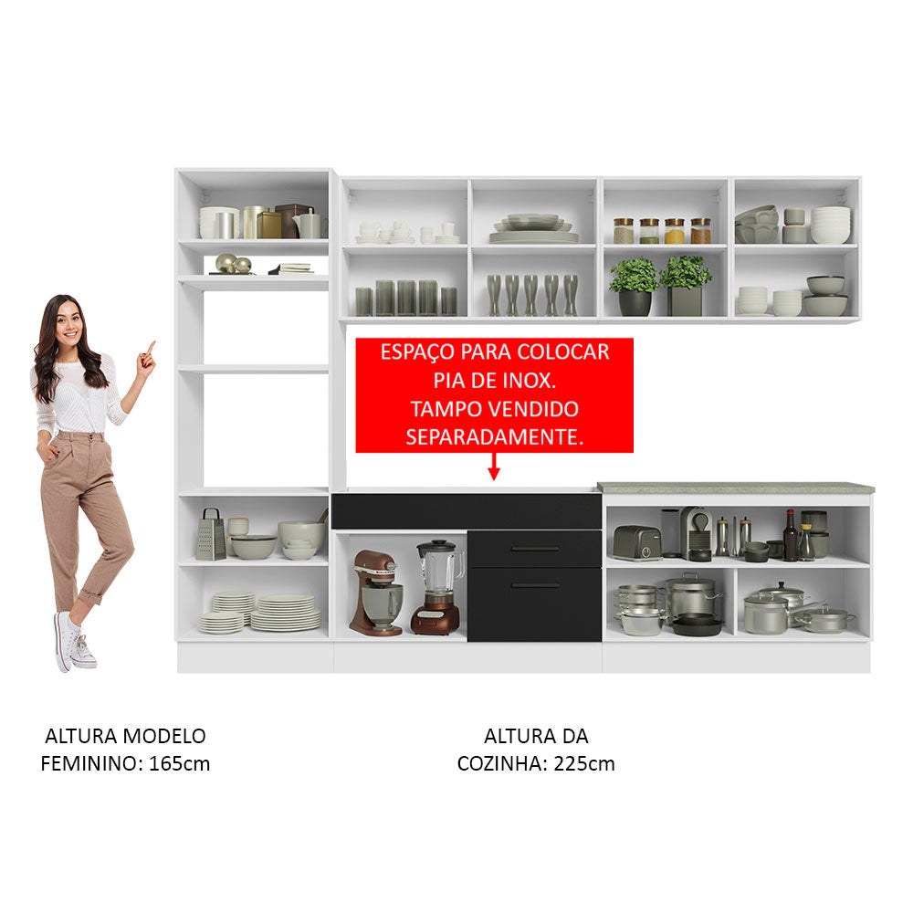 Armário de Cozinha Completa 310cm Branco/Preto Agata Madesa 02