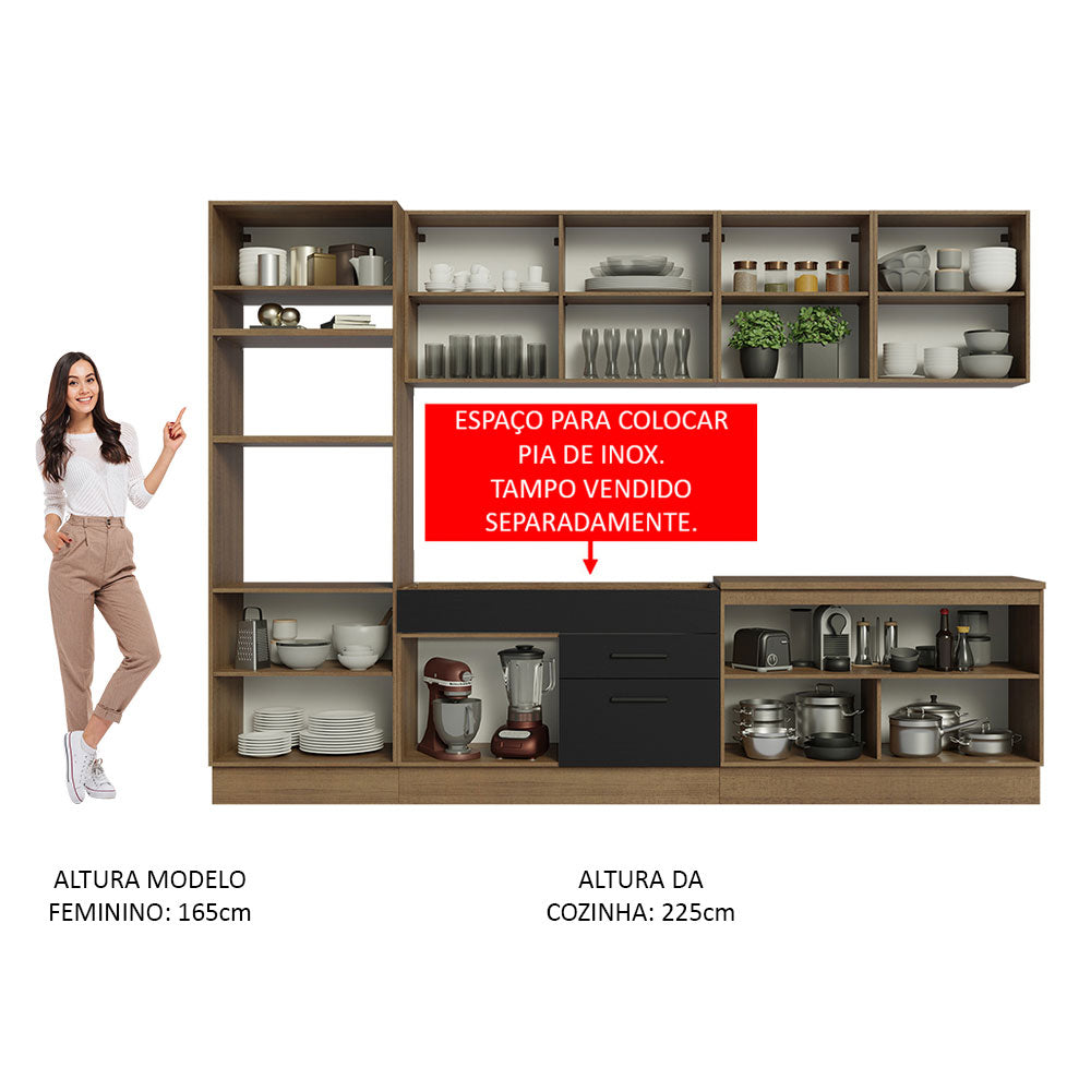 Armário de Cozinha Completa 310cm Rustic/Preto Agata Madesa 02
