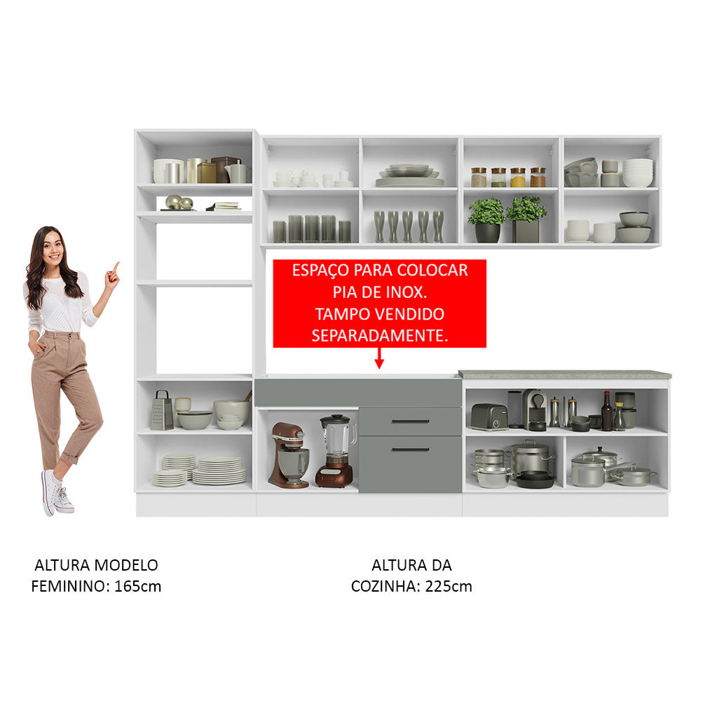 Armário de Cozinha Completa 310cm Branco/Cinza Agata Madesa 02