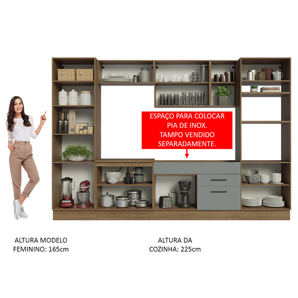 Armário de Cozinha Completa 330cm Rustic/Cinza Agata Madesa 02