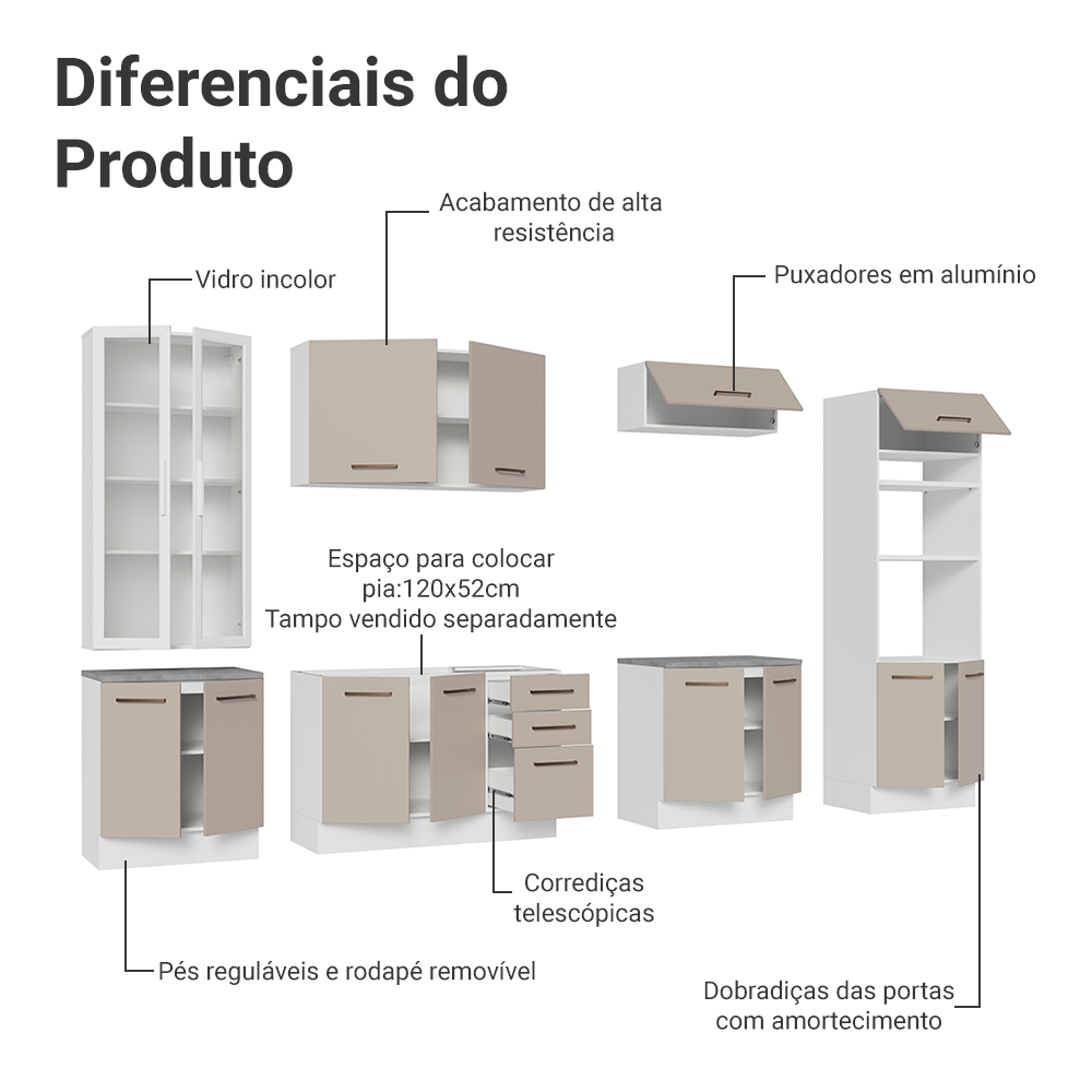 Armário de Cozinha Completa 340cm Branco/Crema Agata Madesa 01