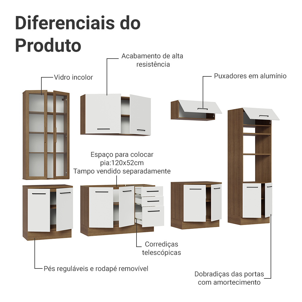 Armário de Cozinha Completa 340cm Rustic/Branco Agata Madesa 01