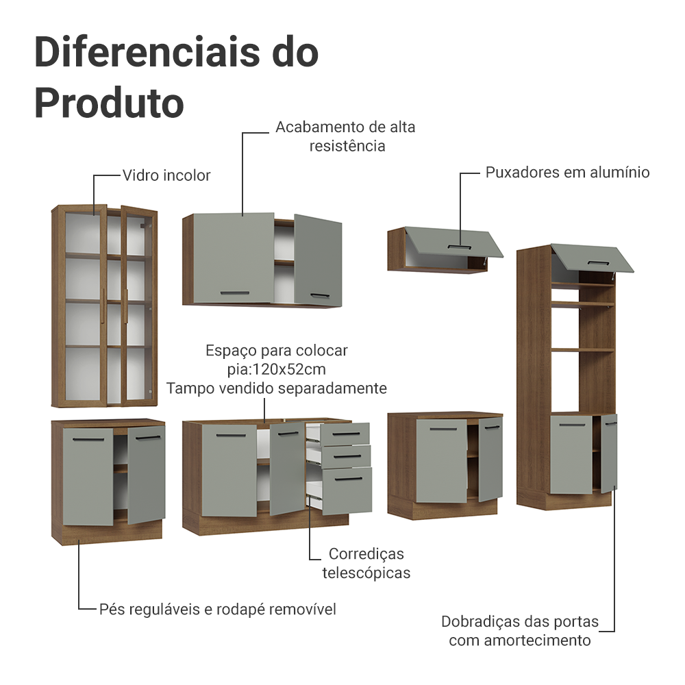 Armário de Cozinha Completa 340cm Rustic/Cinza Agata Madesa 01