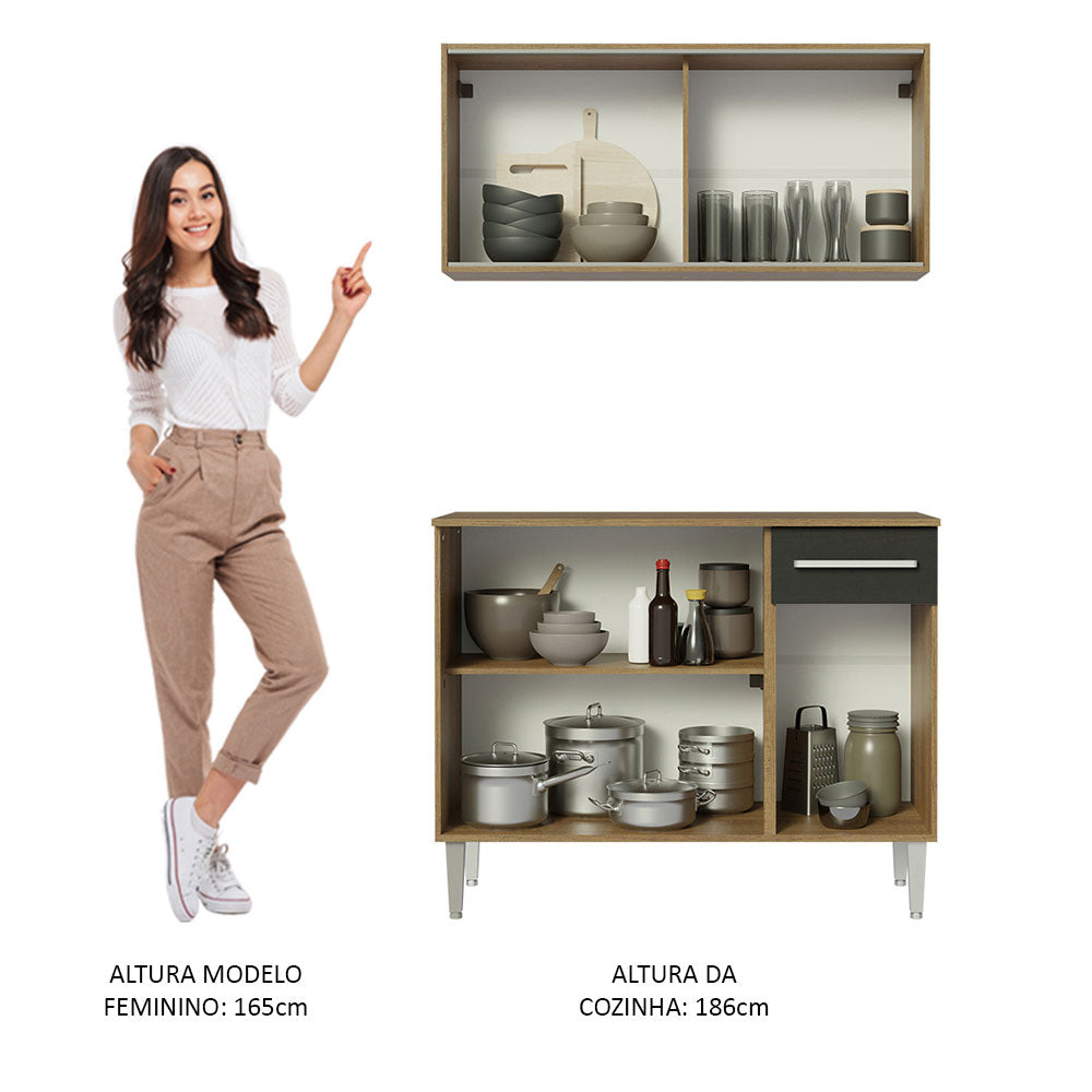 Armário de Cozinha Compacta Emilly 105cm com Armário e Balcão Rustic/Preto Emilly Madesa 01