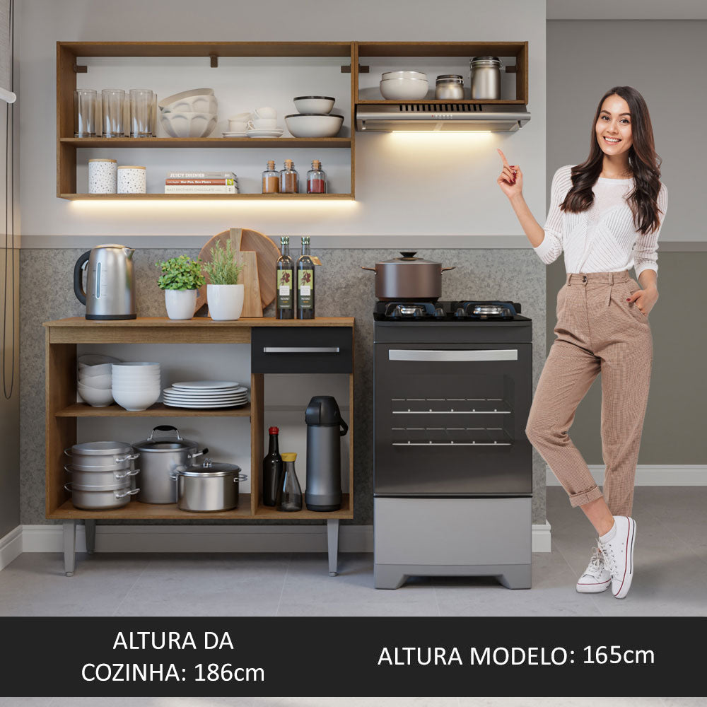 Armário de Cozinha Compacta 165cm Rustic/Preto Emilly Madesa 07