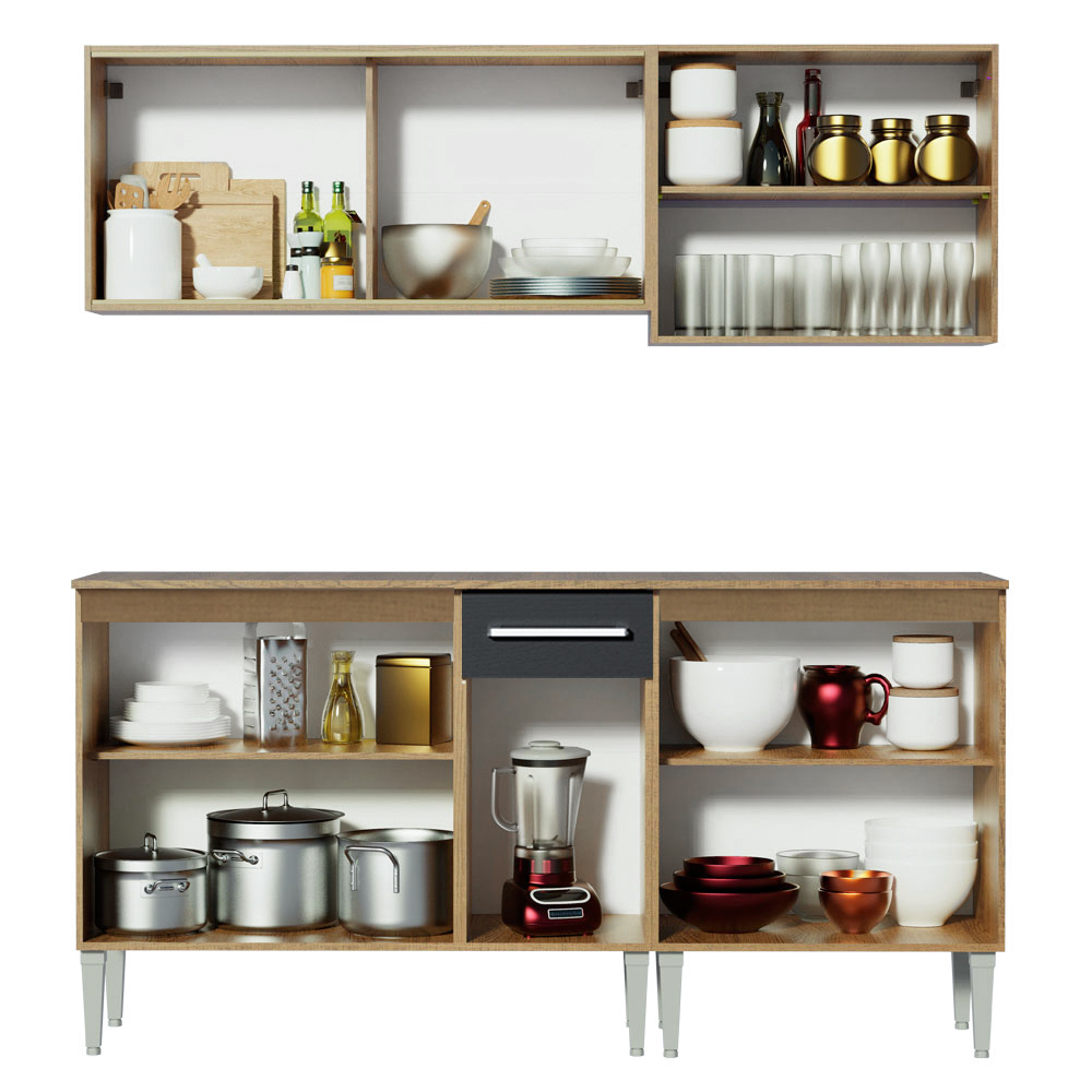 Armário de Cozinha Completa 169cm Rustic/Preto Emilly Box Madesa 03