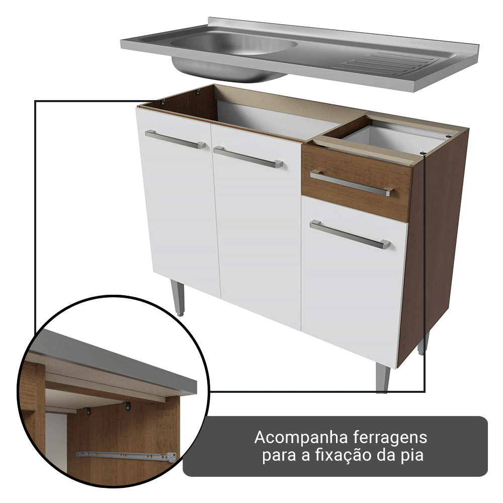 Armário de Cozinha Compacta 229cm com Pia Rustic/Branco Emilly Madesa 10