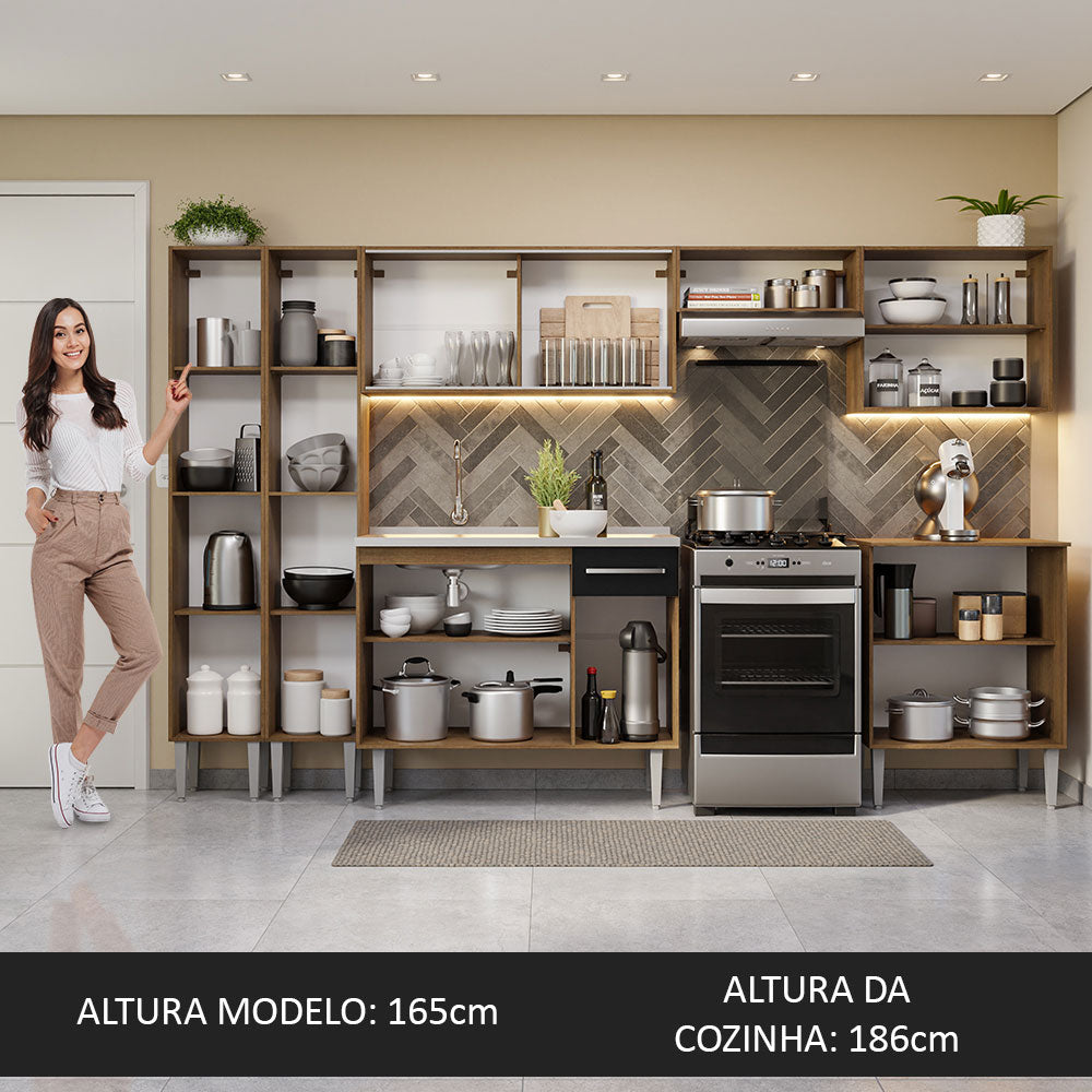 Armário de Cozinha Completa 293cm com Pia Rustic/Preto Emilly Madesa 06