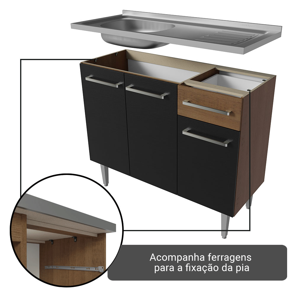 Armário de Cozinha Completa 293cm com Pia Rustic/Preto Emilly Madesa 09