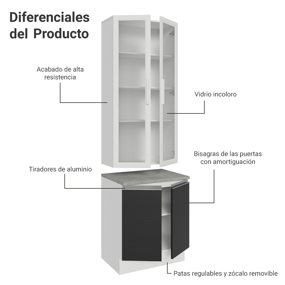 Kit Balcão + Cristaleira 70cm Branco/Preto Glamy Madesa 01