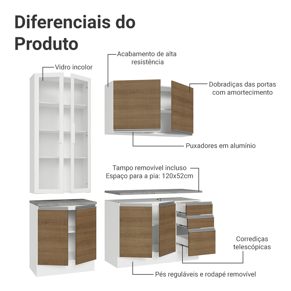 Armário de Cozinha Compacta 190cm Branco/Rustic Glamy Madesa 05