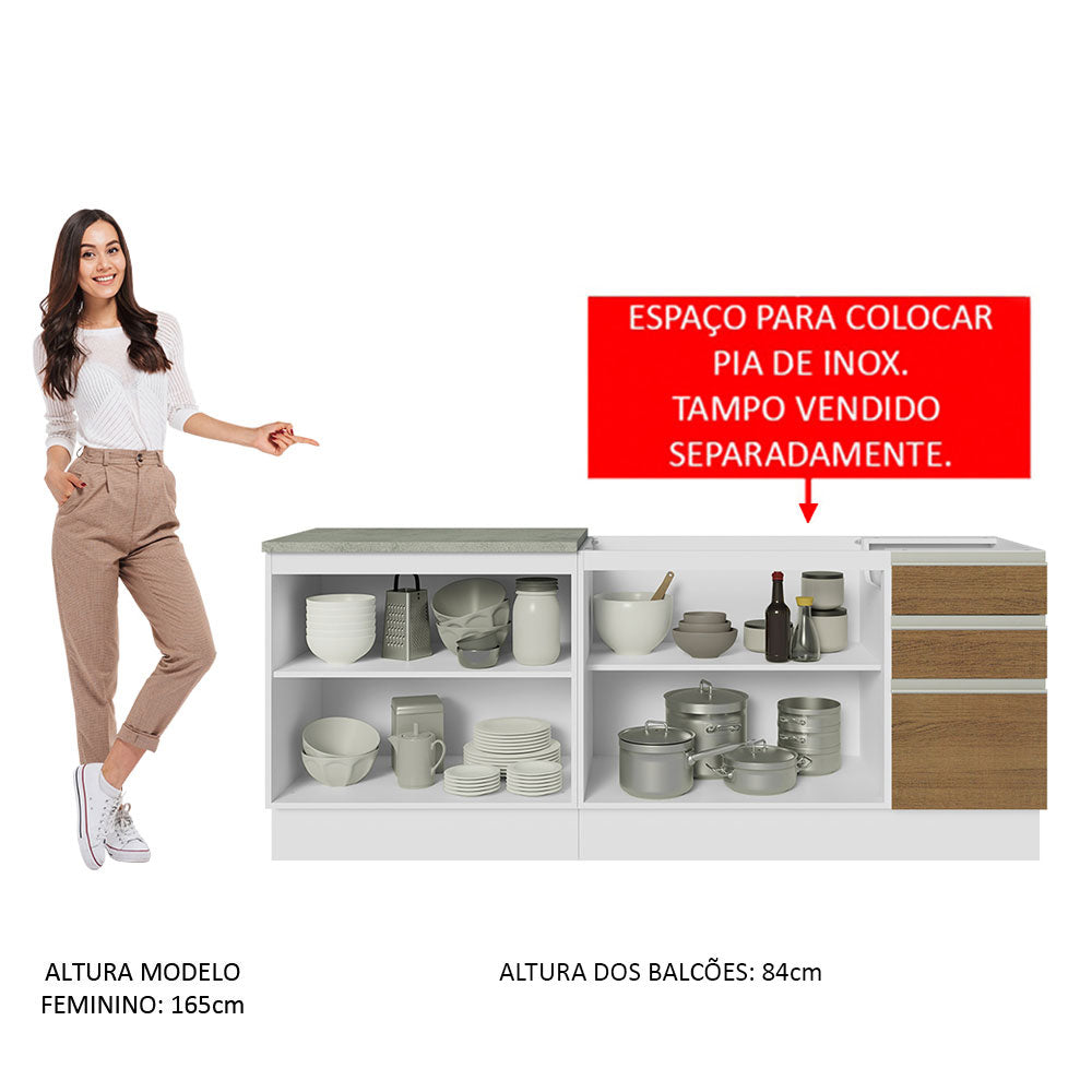 Kit com 2 Balcões de Cozinha Madesa Glamy 4 Portas 3 Gavetas (Sem Tampo e Pia) Branco/Rustic Branco/Rustic