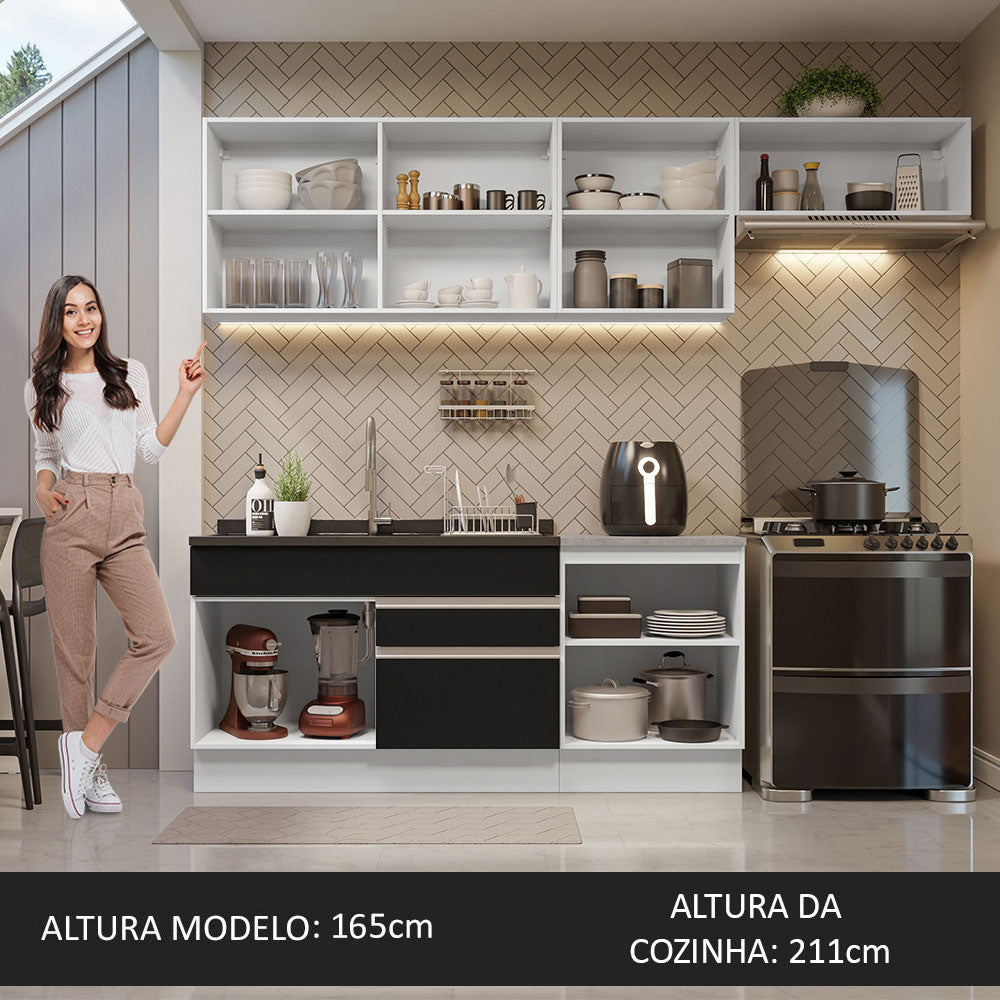 Armário de Cozinha Completa 260cm Branco/Preto Glamy Madesa 03