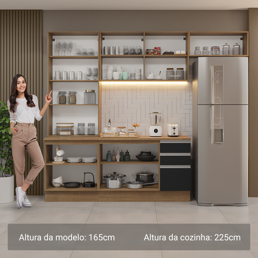 Armário de Cozinha Completa 270cm Rustic/Preto Glamy Madesa 16