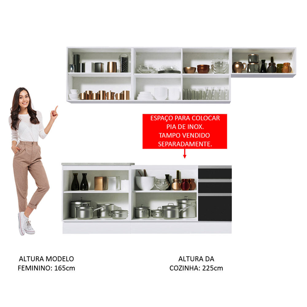 Armário de Cozinha Completa 280cm Branco/Preto/Rustic Marcela Madesa 03