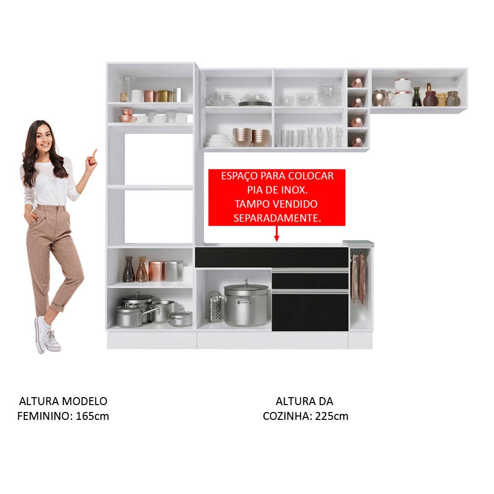 Armário de Cozinha Completa 290cm Branco/Preto/Crema Safira Madesa 03