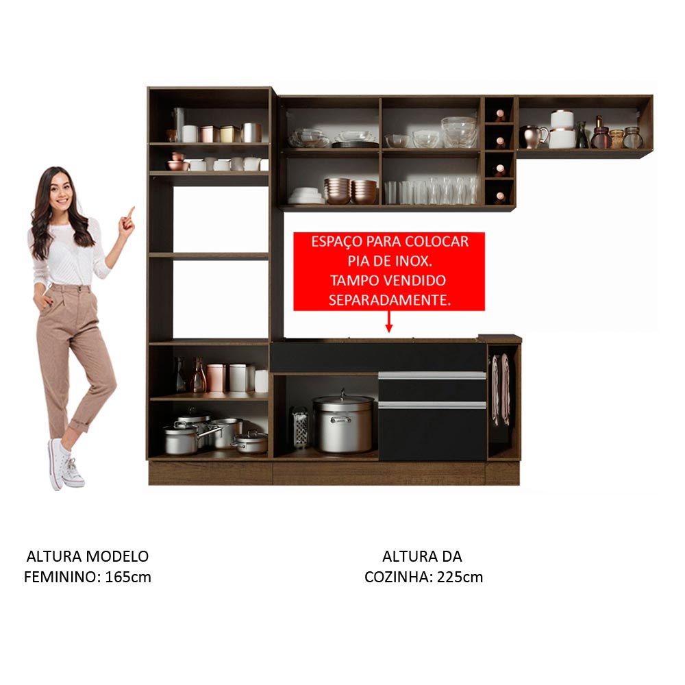 Armário de Cozinha Completa 290cm Rustic/Preto/Rustic Safira Madesa 04