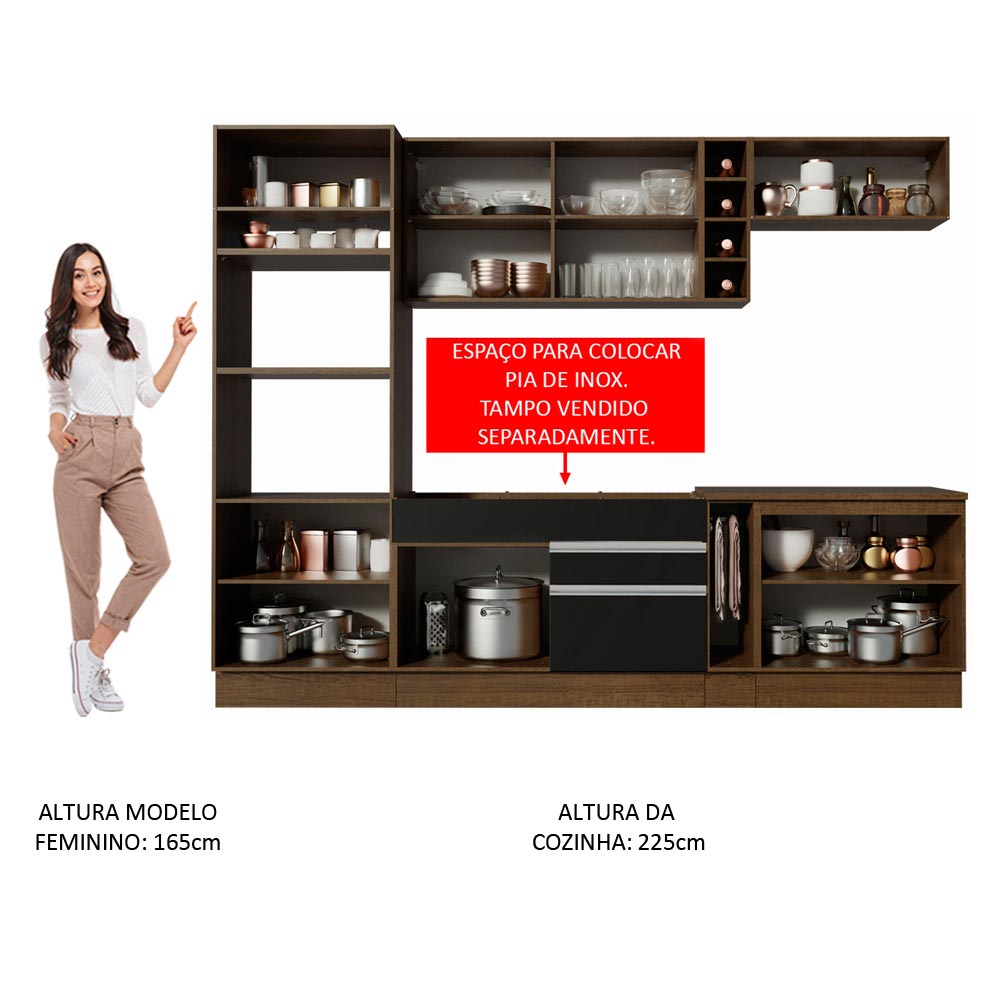 Armário de Cozinha Completa 290cm Rustic/Preto/Rustic Vicenza Madesa 07