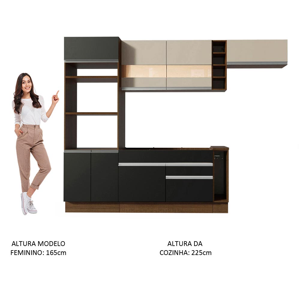 Armário de Cozinha Completa 290cm Rustic/Preto/Crema Safira Madesa 13