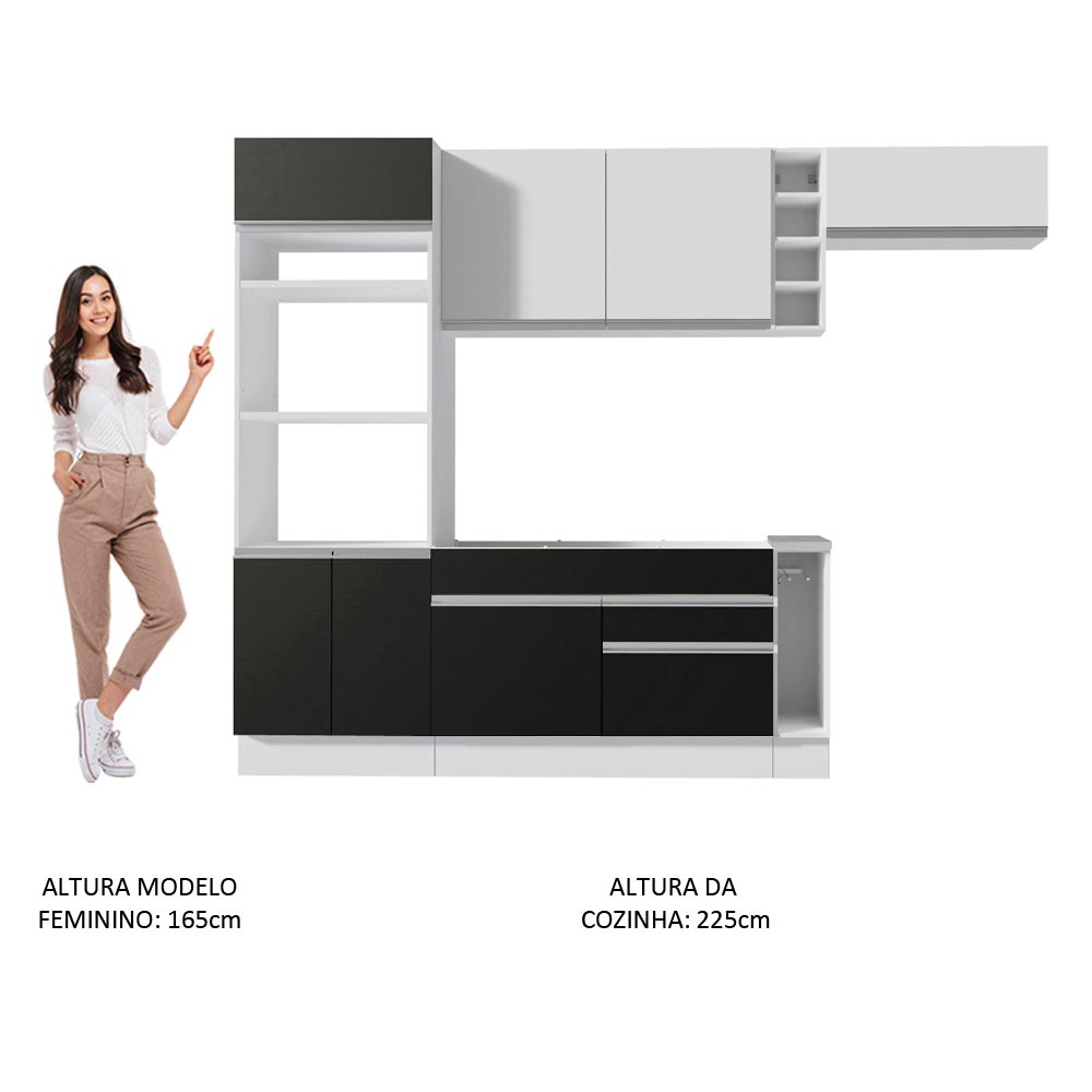 Armário de Cozinha Completa 290cm Branco/Preto/Branco Safira Madesa 14