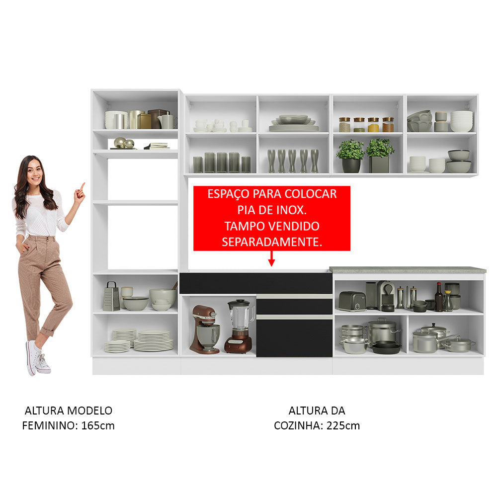 Armário de Cozinha Completa 310cm Branco/Preto Glamy Madesa 02