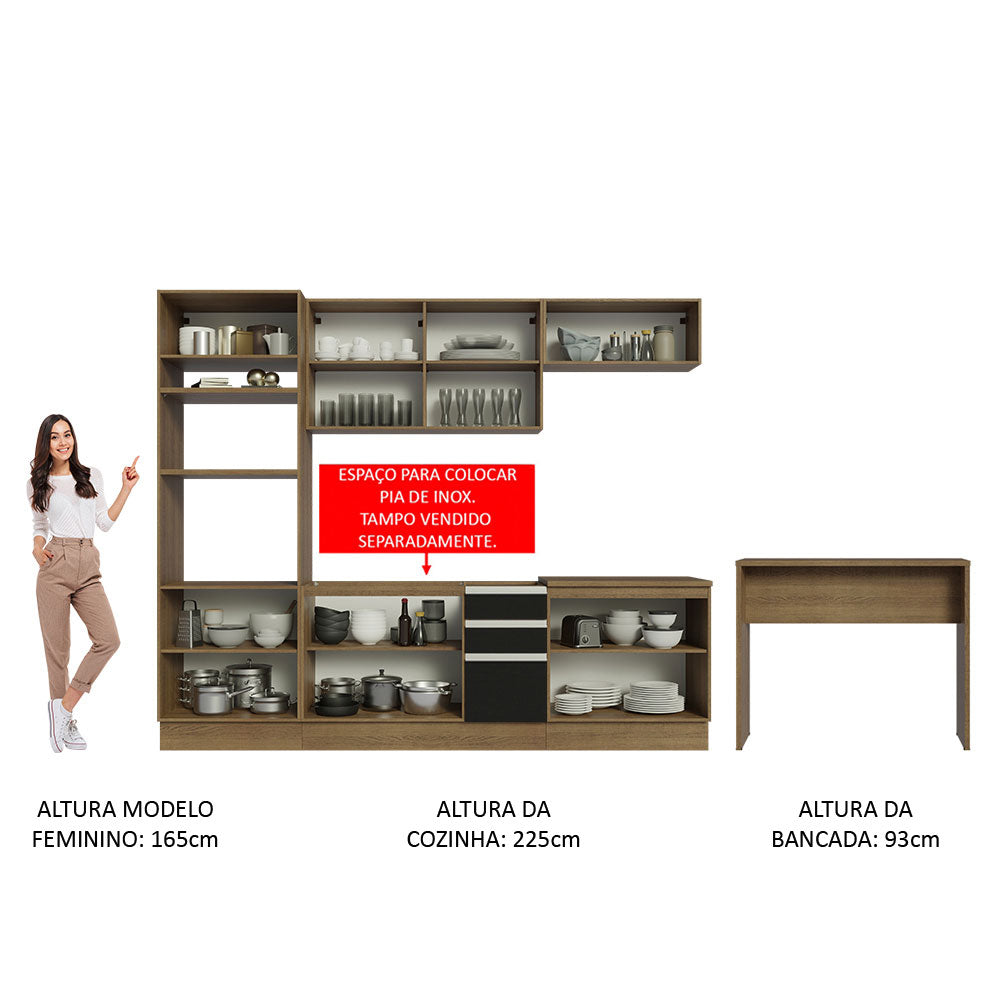 Armário de Cozinha Completa 315cm Rustic/Preto Glamy Madesa 02