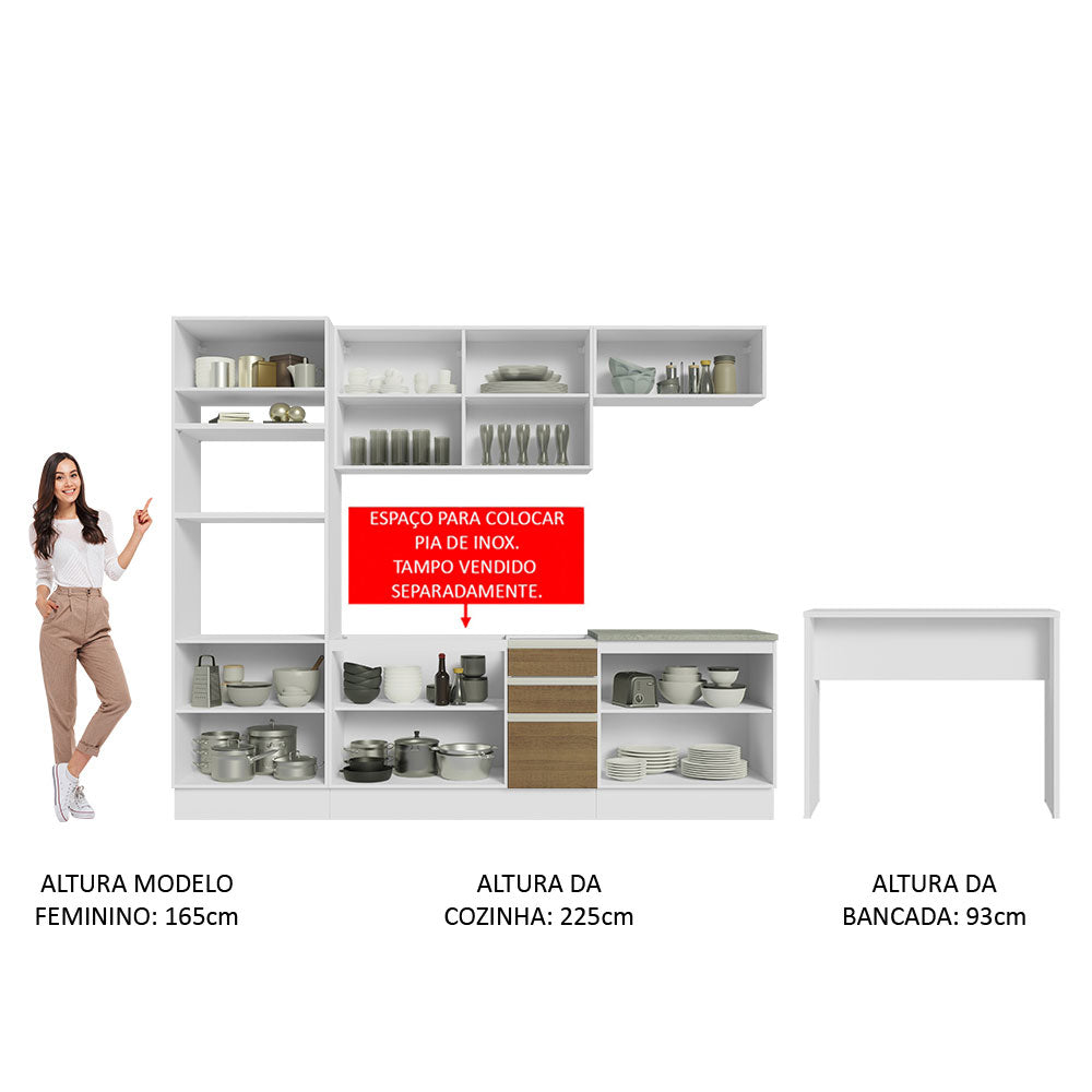 Armário de Cozinha Completa 315cm Branco/Rustic Glamy Madesa 02