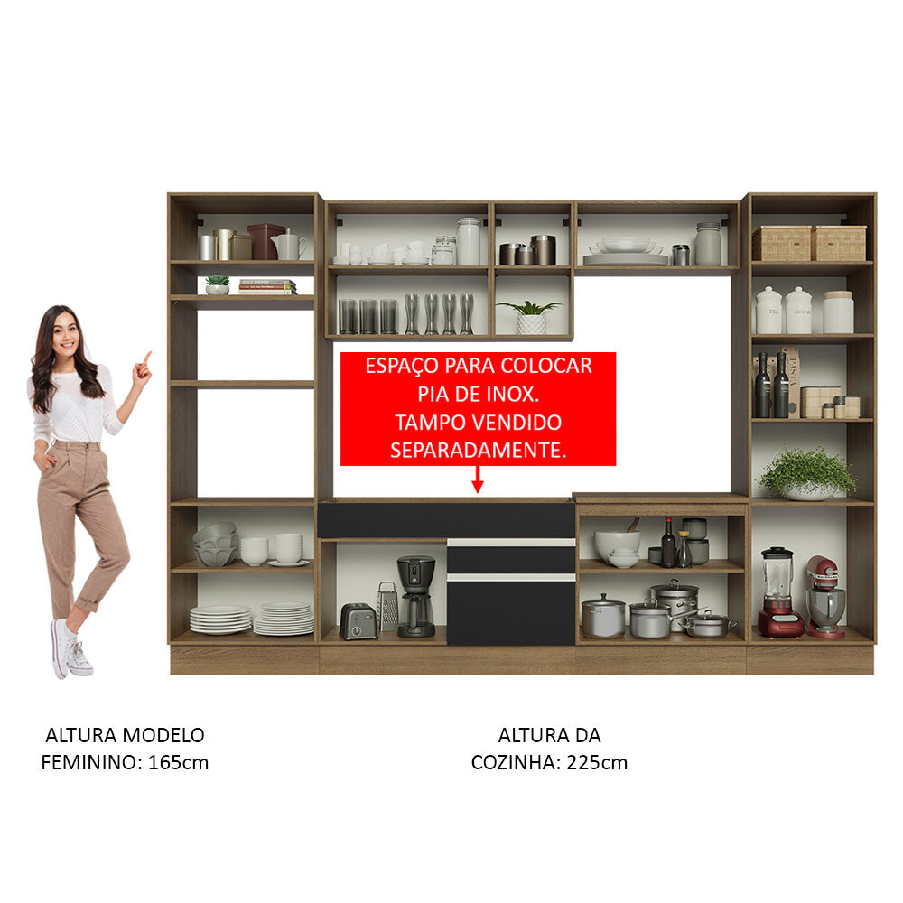 Armário de Cozinha Completa 330cm Rustic/Preto Glamy Madesa 03