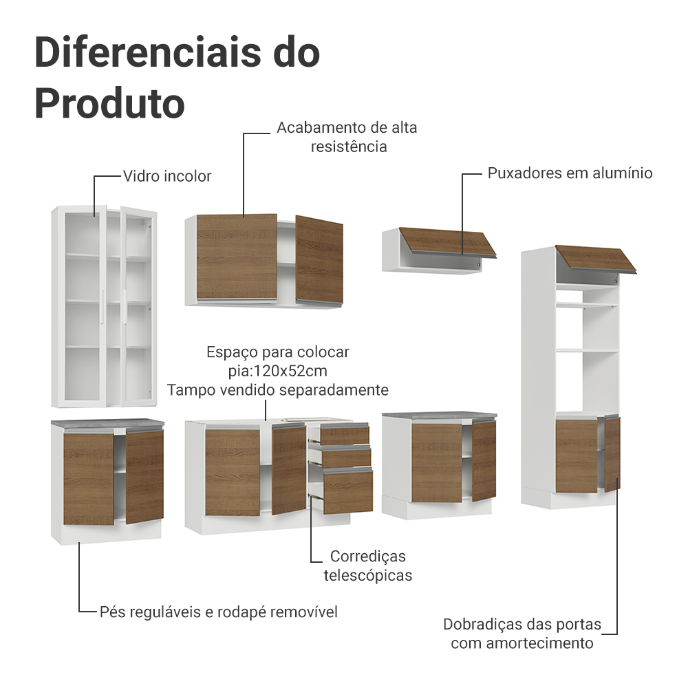 Armário de Cozinha Completa 340cm Branco/Rustic Glamy Madesa 01
