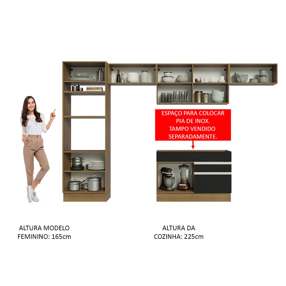 Armário de Cozinha Completa 350cm Rustic/Preto Glamy Madesa 01