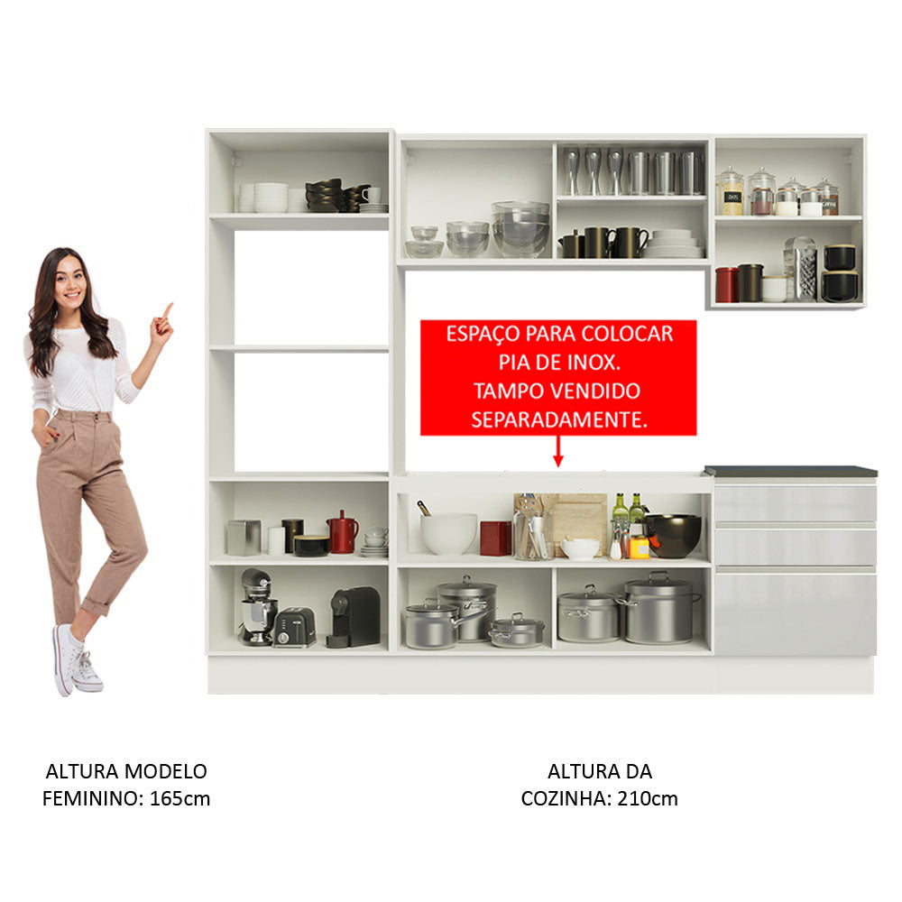 Armário de Cozinha Completa 100% MDF 250cm Frentes Branco Brilho Acordes Madesa 01