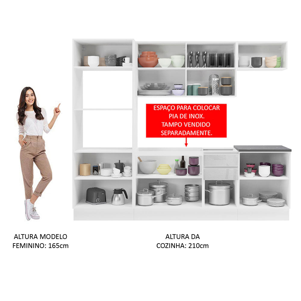 Armário de Cozinha Completa 100% MDF 250cm Frentes Branco Brilho Acordes Madesa 03